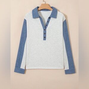 Women’s Boutique Light Grey Denim Patchwork Buttoned Polo Collar Long Sleeve Top